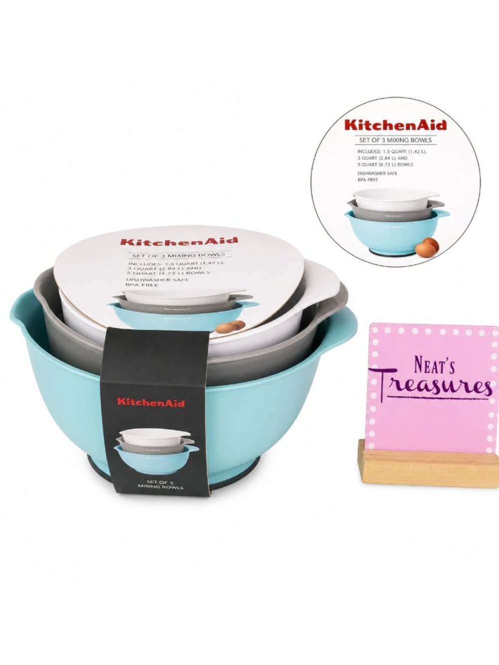 KitchenAid Aqua White Gray Durable Nonslip Handle Spout Mixing Bowls Set 3 NEW